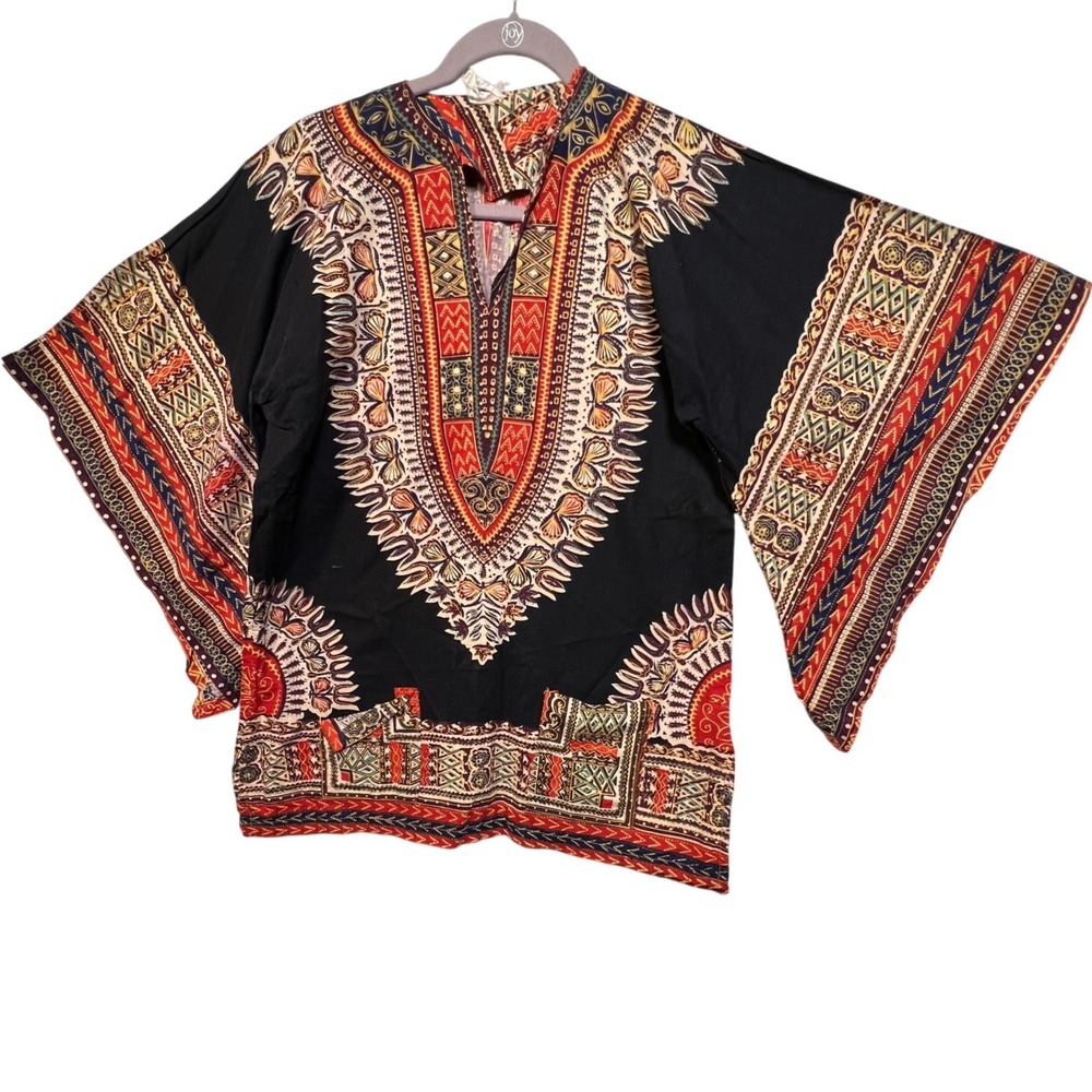 Vintage Butterfly Hand Print Dashiki Top Black Red Orange African Tribal Tunic